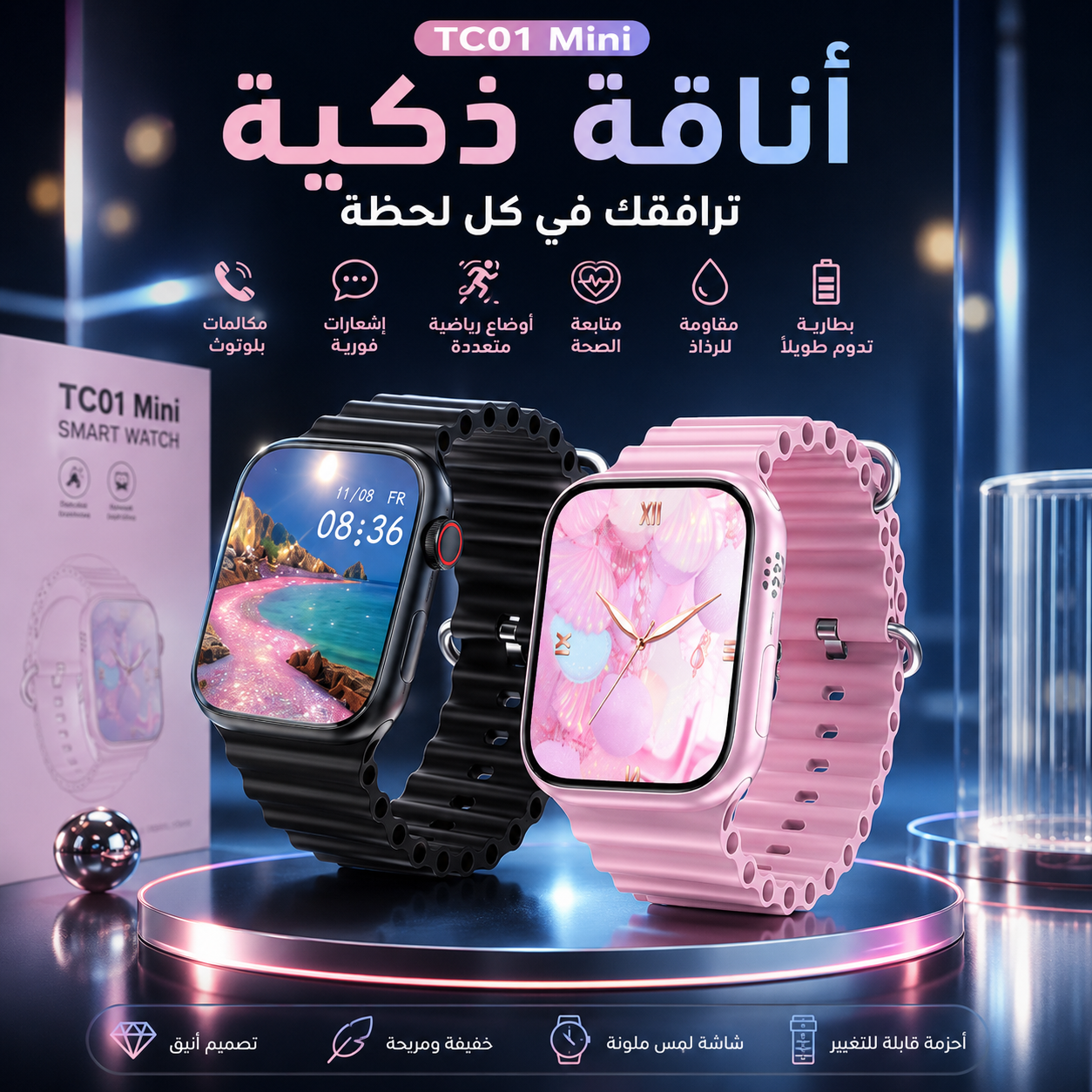 🎀 ساعة ذكية بتصميم أنيق مع 3 أساور لتغيير إطلالتك💖
